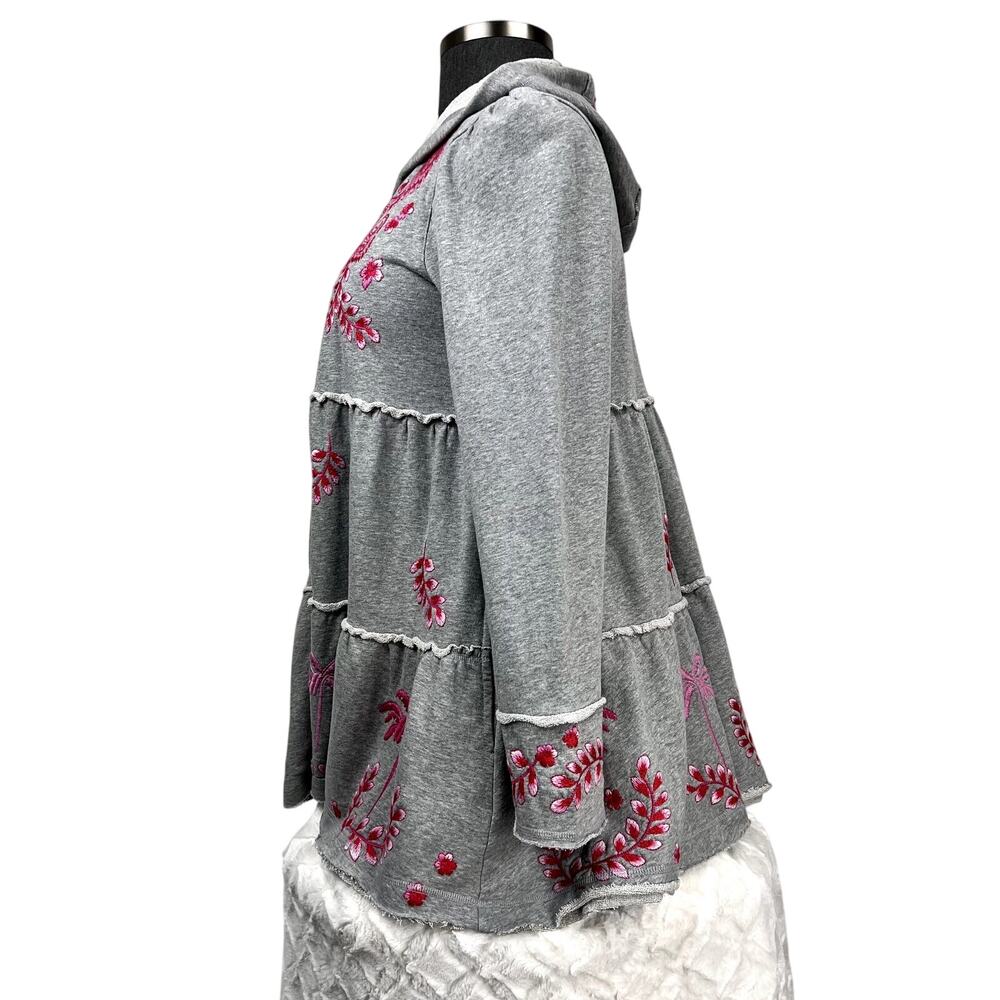 Johnny Was 3 Tier Gray Embroidered Women's Hooded Fleece Zip Jacket Size Large - Picture 4 of 7